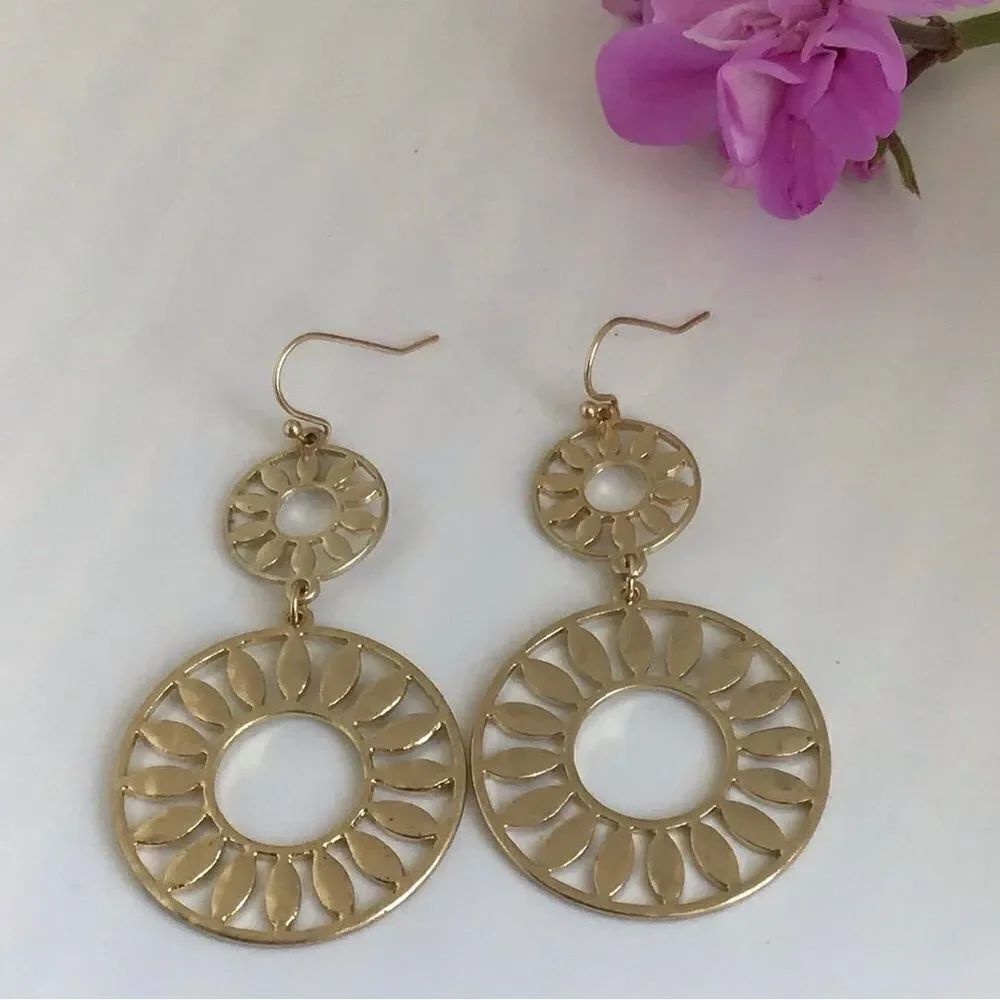 Fashion Jewelry Two Circle Drop Earrings Gold Tone